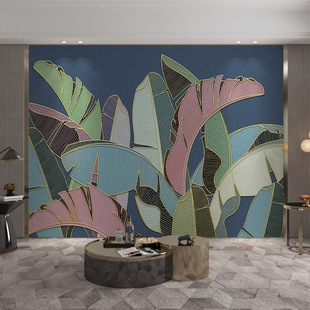 饰 北欧电视背景墙纸热带植物壁纸壁画5D浮雕轻奢芭蕉叶线条墙布装