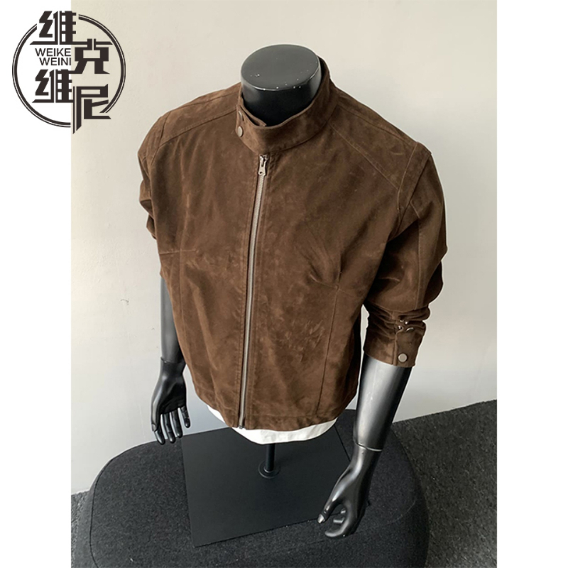 美拉德美式复古麂皮绒外套男秋春高级感正肩哈灵顿夹克潮牌机车服