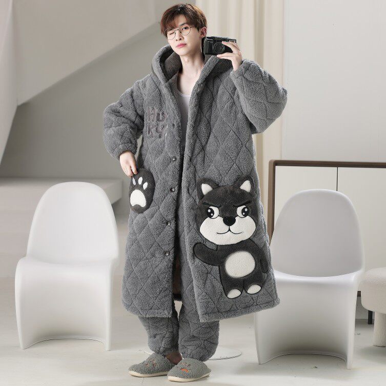 睡衣男孩冬季珊瑚绒三层夹棉加厚加绒睡袍长款青少年学生大童套装