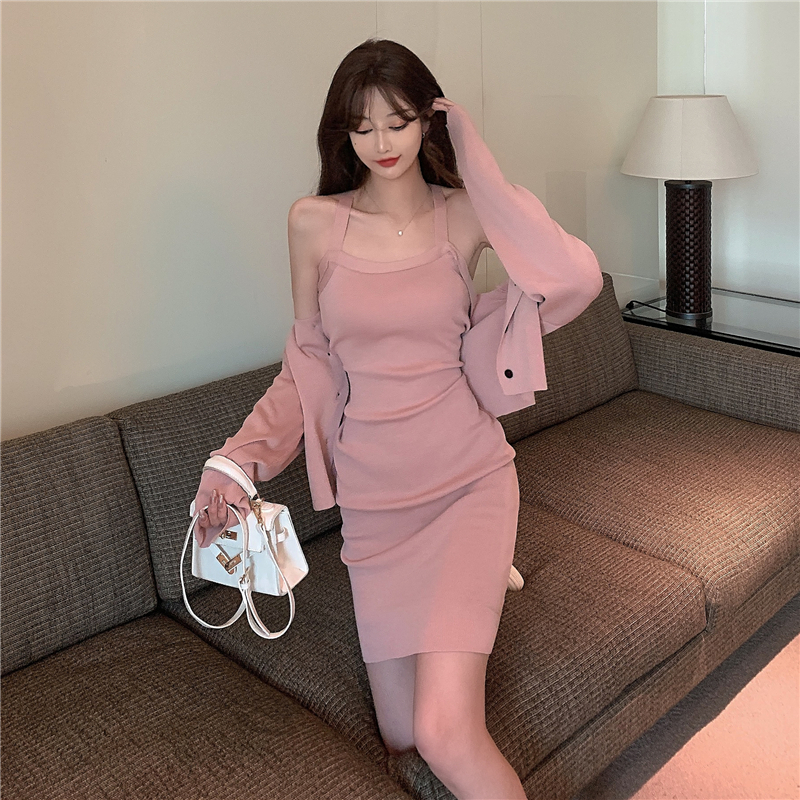 Real price ~ French Retro Mid long high waist dress A-line skirt sleeveless bottomed knitted skirt