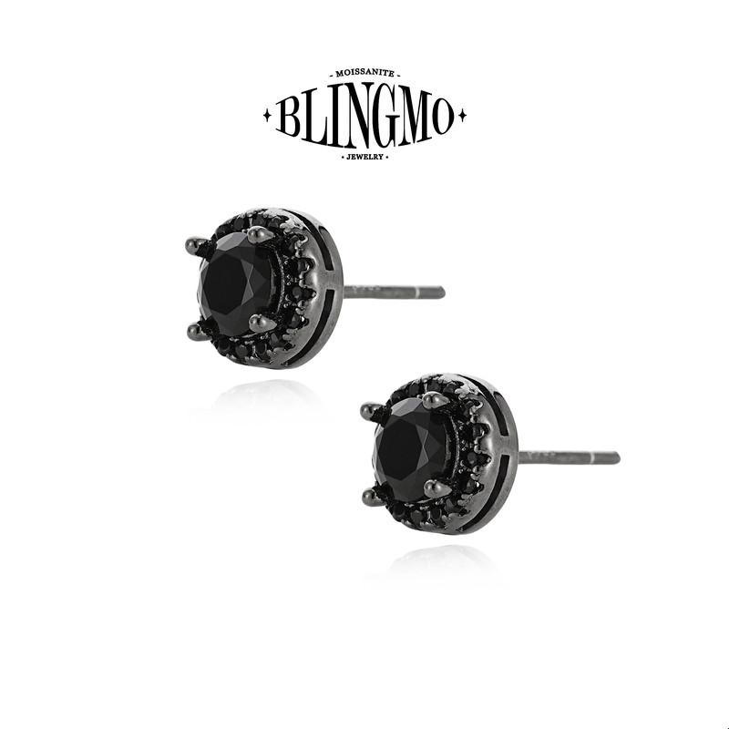 BLINGMO S925纯银黑色冰糖圆包锆石耳钉高级感闪钻男女个性耳饰