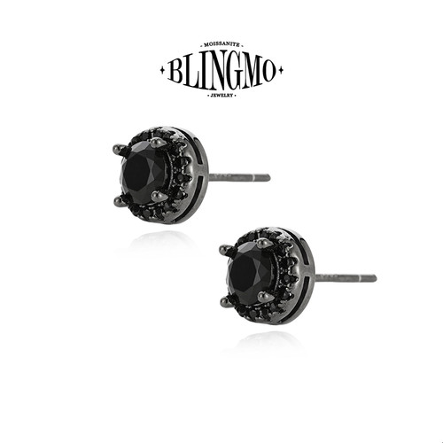 BLINGMO S925纯银黑色冰糖圆包锆石耳钉高级感闪钻男女个性耳饰