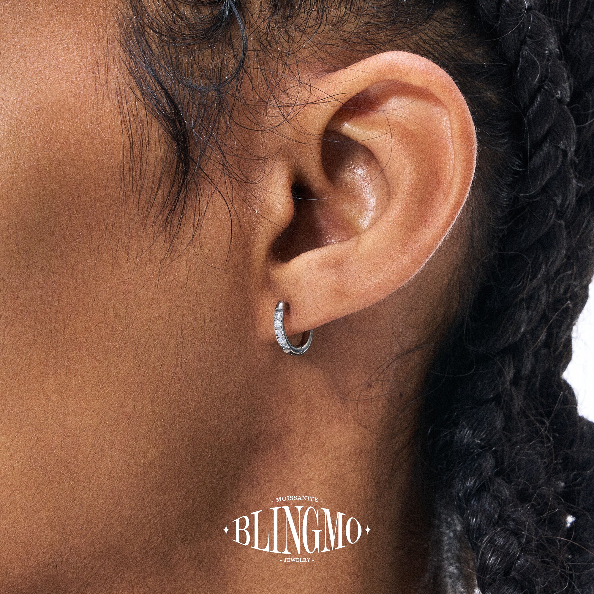 BLINGMO F136钛合金镶钻直针泥鳅背耳环圆形耳圈男防过敏养耳洞