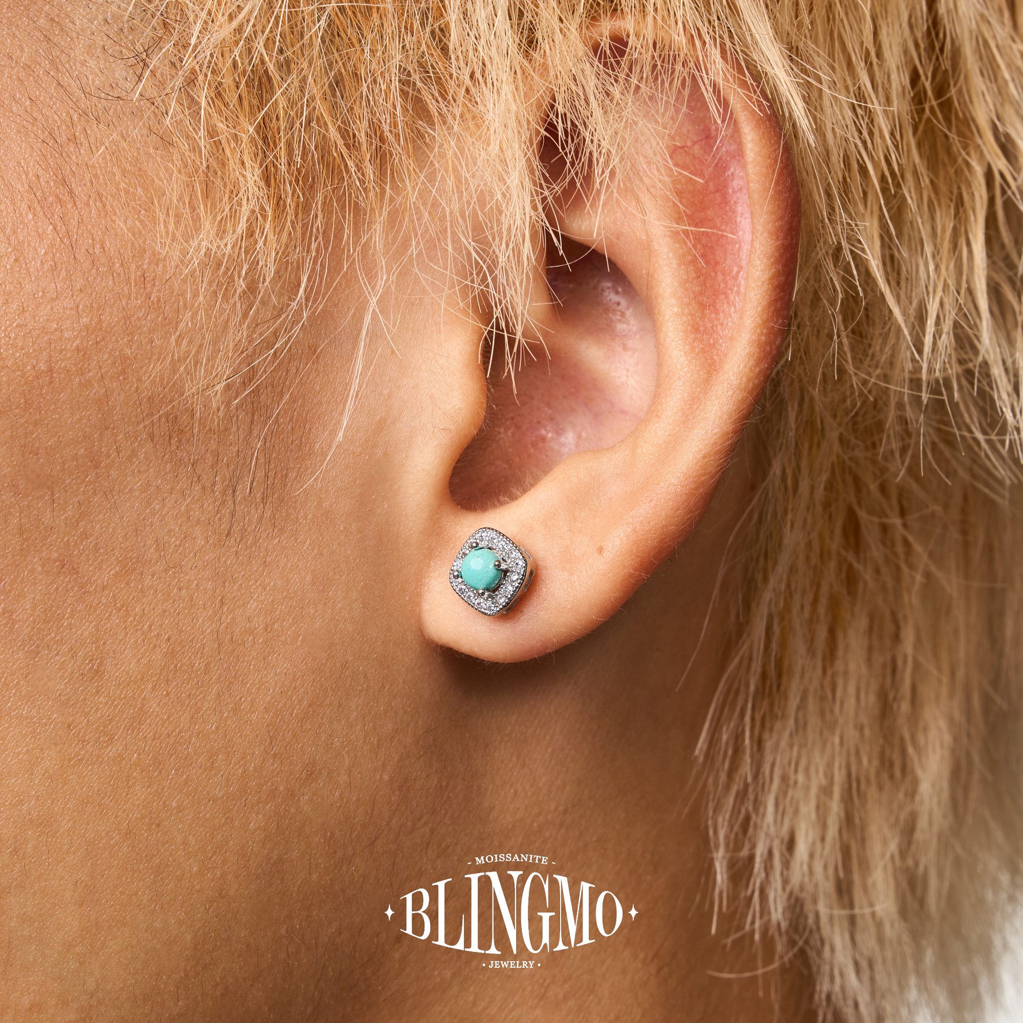 BLINGMO S925纯银绿松石蛋面方包耳钉复古简约耳环藏式民族风耳饰