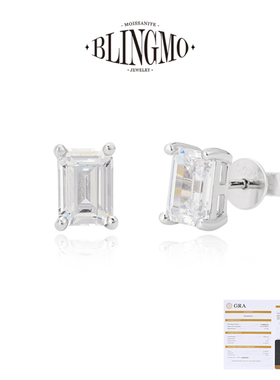 BLINGMO S925纯银莫桑钻祖母绿切方钻耳钉欧美HipHop情侣送礼物