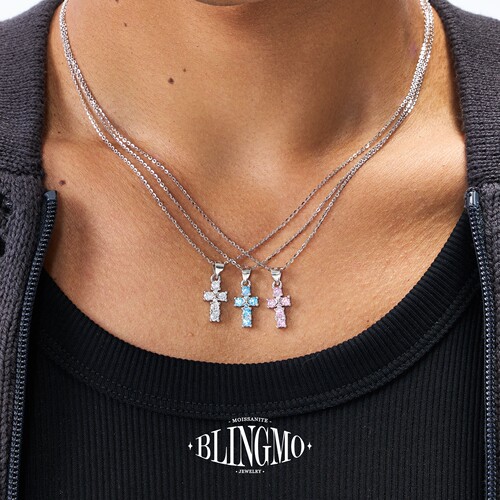 BLINGMO S925通体纯银彩钻迷你十字架项链男款高级锆石吊坠锁骨链