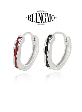 BLINGMO S999足银珐琅山川肌理耳圈耳环黑色红色本命年养耳洞耳饰