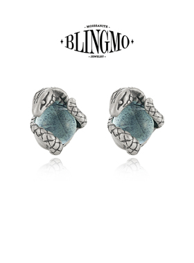 BLINGMO S925纯银蛇形做旧天然浅蓝色托帕石耳钉磁铁无耳洞耳钉男