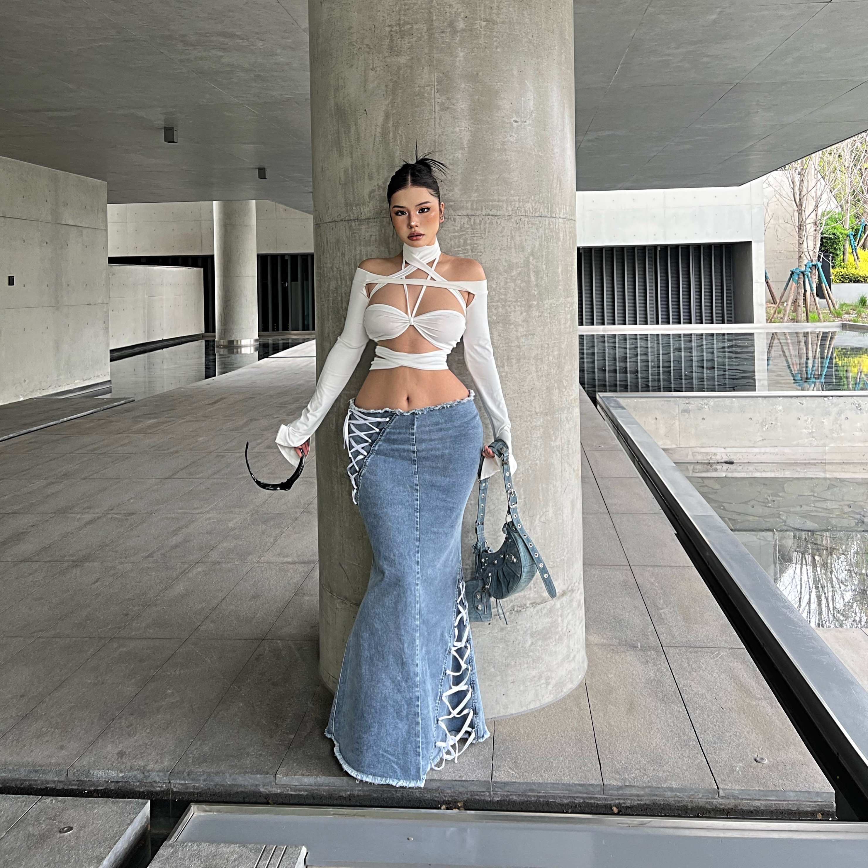 中长包臀欧美绑带牛仔裙