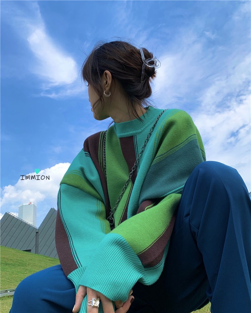 IMMION韓風chic極簡主義設計感小衆炸街豎條撞色拼接休閑寬松毛衣在類目 女裝/女士精品, 毛衣中 - 來自Buy2taobao.com提供專業的淘寶代購服務