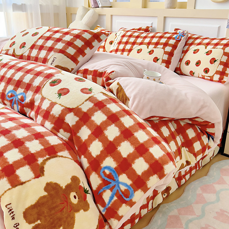 卡通牛奶绒四件套加厚加绒冬季法珊瑚兰绒被套床单三件套学生宿舍