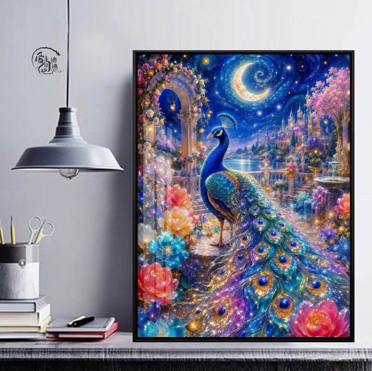 星月夜蓝孔雀十字绣新款国风富贵牡丹线绣客厅玄关diy手工绣小件