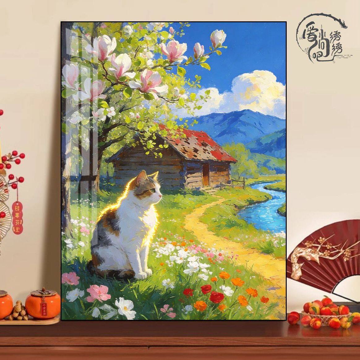 玉兰花猫咪十字绣新款清新ins田园风景线绣客厅玄关手工绣diy小件