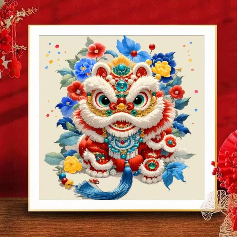 国潮喜狮十字绣新款新中式吉祥醒狮线绣客厅卧室玄关手工刺绣diy