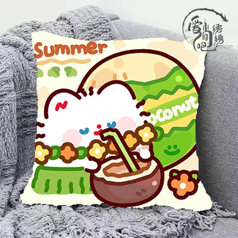 椰夏萌猫十字绣抱枕新款清新卡通线绣沙发枕套卧室手工绣diy靠枕