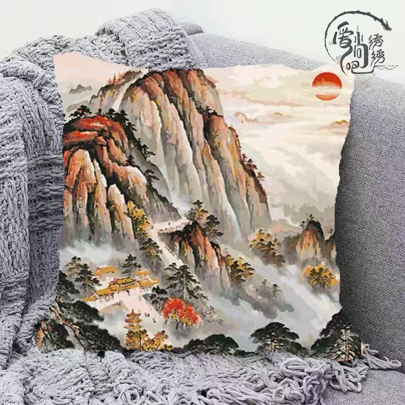泰山日出十字绣抱枕新款中式山水线绣枕套沙发卧室手工绣diy靠枕