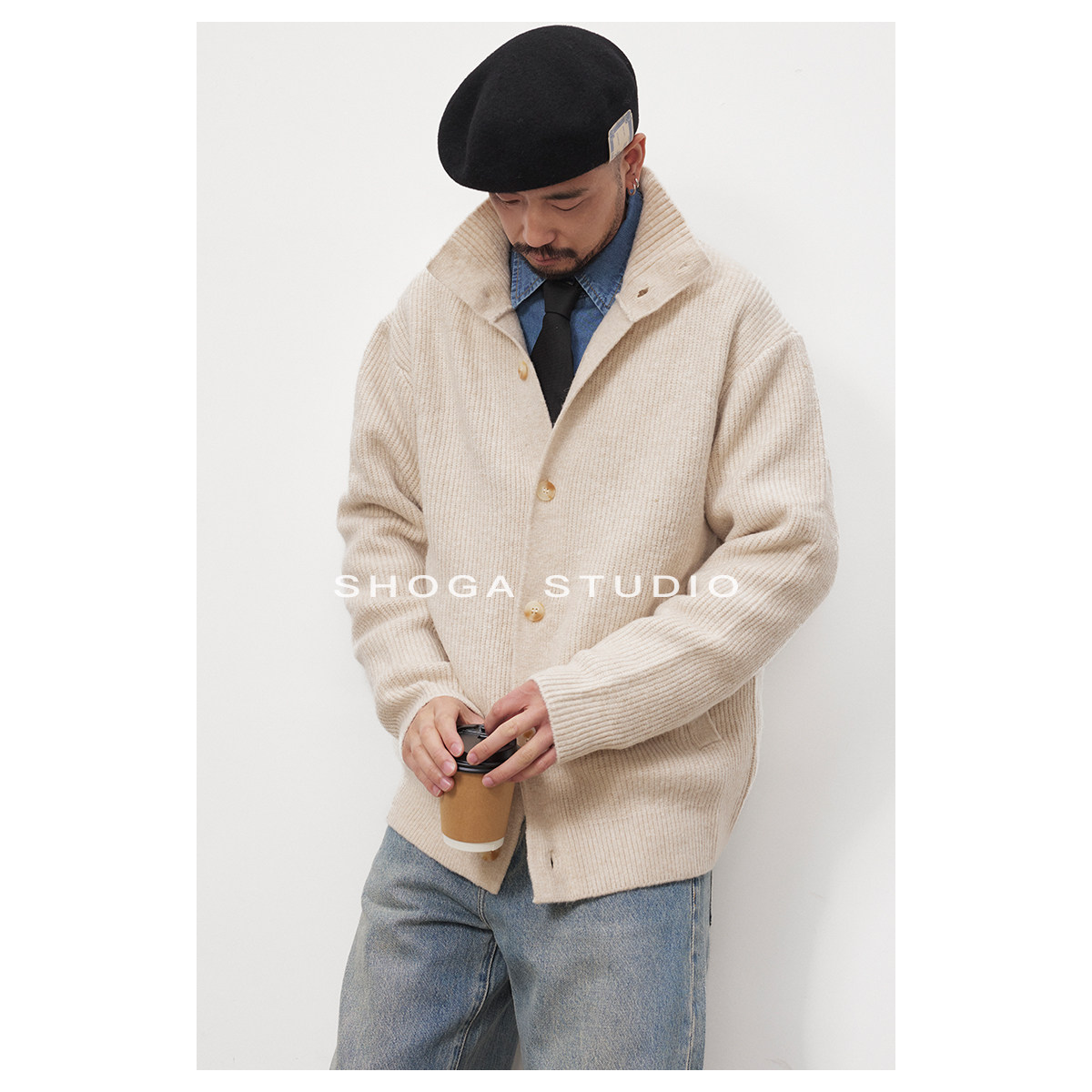 SHOGA12立领开衫毛衣男老钱风秋季复古男士微阔休闲翻领针织衫潮