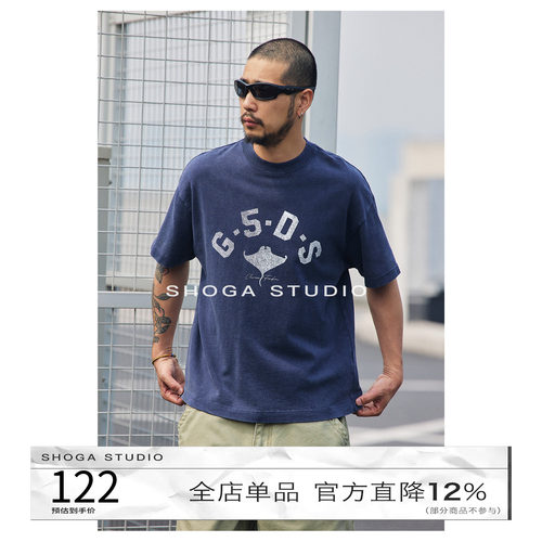SHOGA纯棉310G重磅水洗做旧字母印花短袖T恤男士夏季宽松休闲上衣