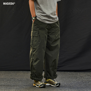 军绿色阔腿宽松长裤 日系新款 男士 裤 子潮 直筒休闲工装 马切达秋季