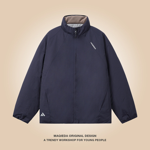 马切达美式简约印花立领棉衣情侣休闲潮牌棉服冬季男士宽松外套