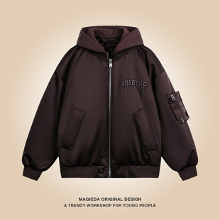 马切达冬季美式字母刺绣可拆卸帽子羽绒服男士潮牌休闲宽松棒球服