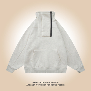 马切达冬季美式男款加绒加厚半拉链卫衣设计感立领小众运动外套潮