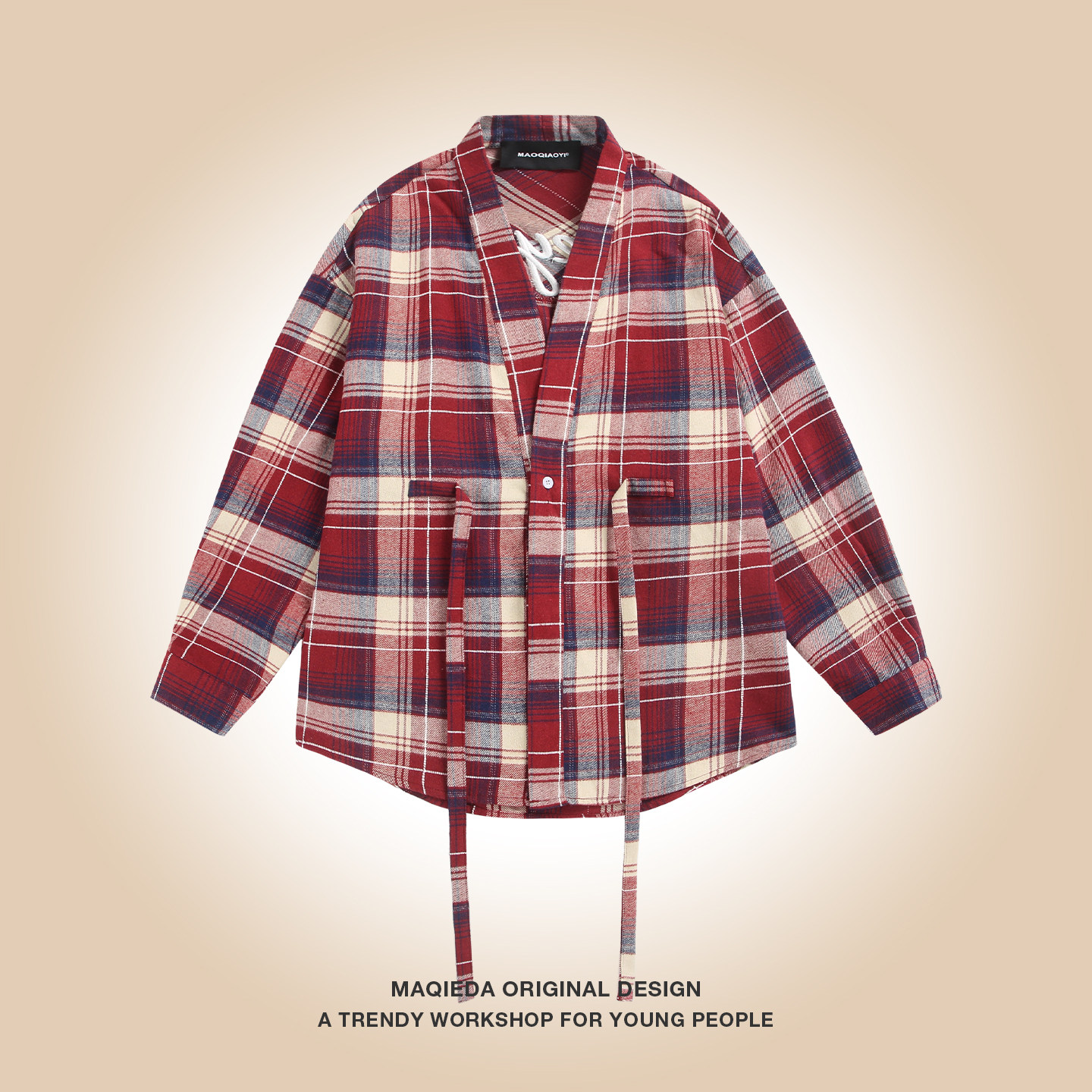 马切达秋季美式格子复古字母刺绣衬衫设计感道袍宽松衬衣外套男女,男装,衬衫,淘宝优惠券,粉丝福利购,淘宝优惠卷