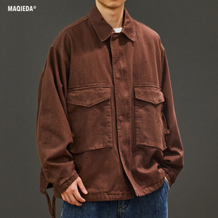 春季 大口袋纯色夹克军事风翻领工装 春秋男士 廓形外套 日系复古男款