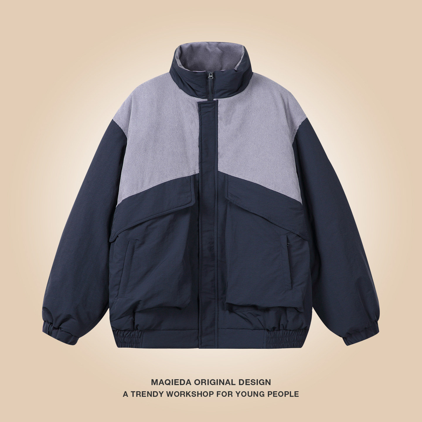 马切达冬季拼色男士工装棉衣