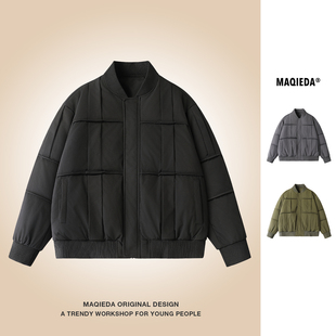 马切达冬季男款棒球领拼接复古羽绒服美式纯色百搭90白鸭绒外套潮