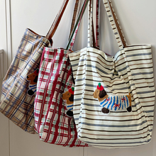 韩版ins风复古格子托特包帆布包包女 大容量学生党上课通勤单肩包