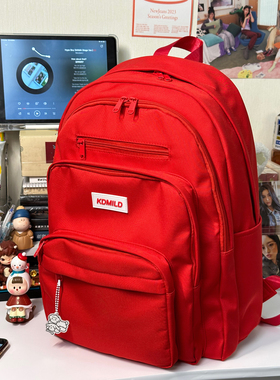 书包女大学生韩国大容量多层设计高中学生校园双肩包红色宝藏背包