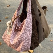 麂皮绒秋冬复古豹纹单肩包包女 韩系ins风休闲帆布包大容量托特包