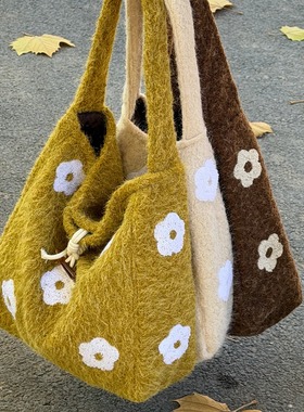 韩系ins风毛呢包包女秋冬毛绒绒托特包 学生休闲百搭大容量单肩包