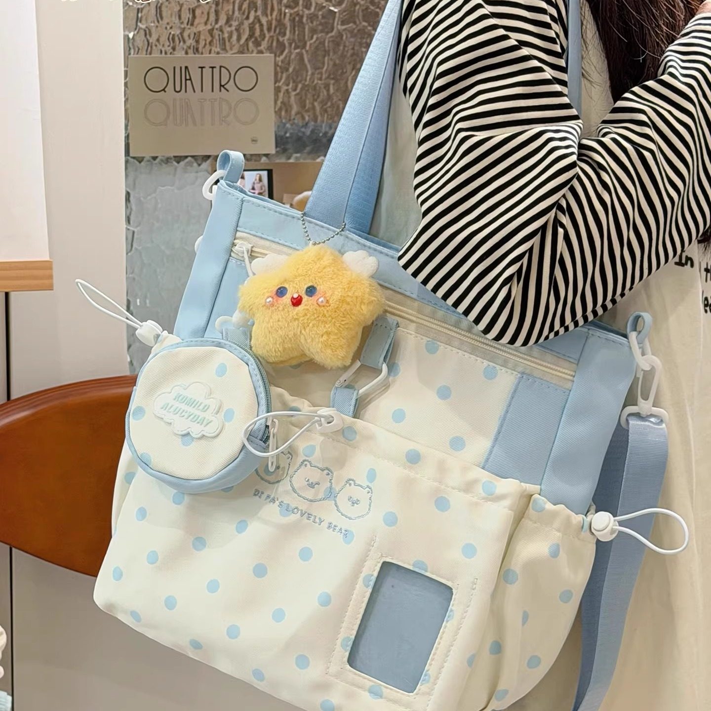 茶话会可爱波点斜挎包包女大容量帆布包学生上课补习袋单肩托特包