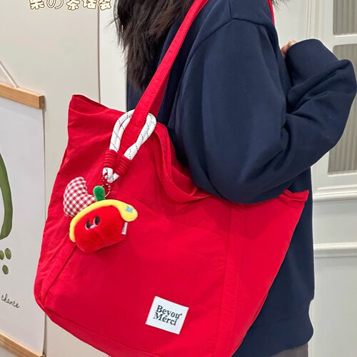 红色帆布包包女大容量简约百搭单肩包大学生上课托特包休闲通勤包