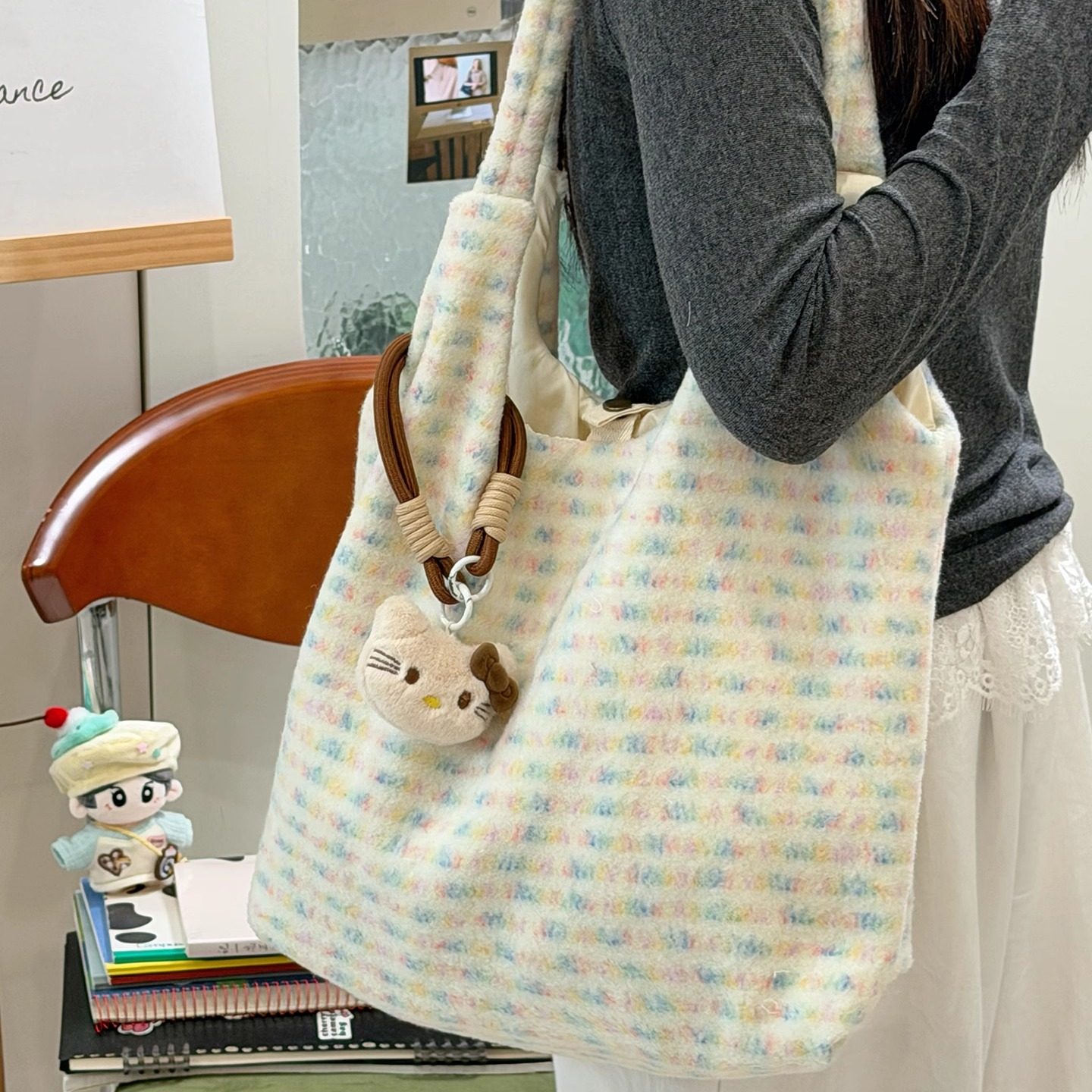 日系ins风毛绒编织托特包包女 秋冬新款大容量简约百搭学生单肩包,箱包皮具/热销女包/男包,托特包,淘宝优惠券,粉丝福利购,淘宝优惠卷