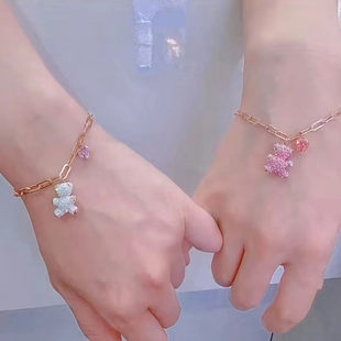 王一博同款小熊情侣跳动的心项链泰迪熊男女黑绳款手链粉红色耳环