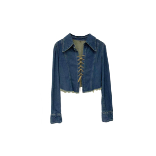 2022秋绑带设计感长袖通勤纯色短款青春美式复古小众水洗牛仔衬衫