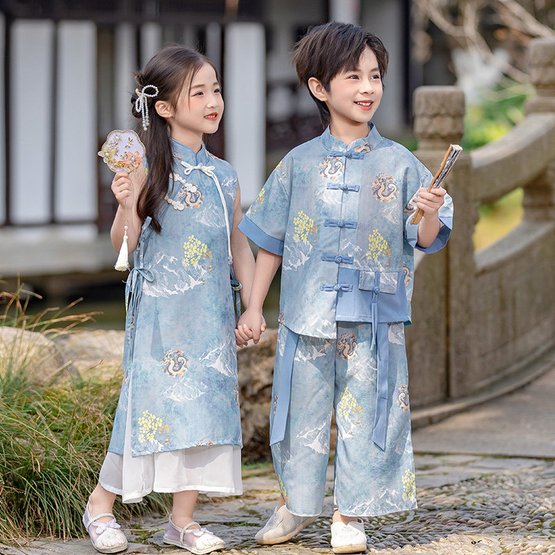 儿童汉服夏季男童中国风古风唐装女童旗袍2026新款短袖六一演出服