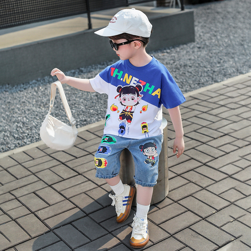 男童短袖夏季儿童哪吒衣服宝宝帅气牛仔短裤2025新款男孩时髦套装