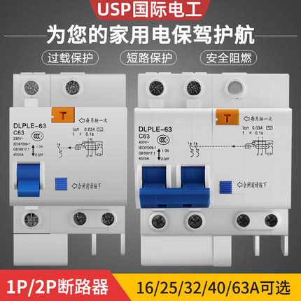 漏电保护器家用2P总开空气开关带漏电过载保护1P断路器63A