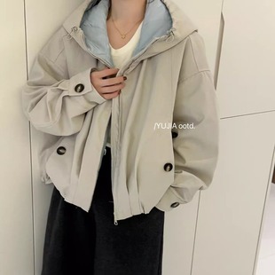 休闲风连帽派克服短款 时尚 羽绒服女百搭显瘦撞色外套 新款 2025冬季