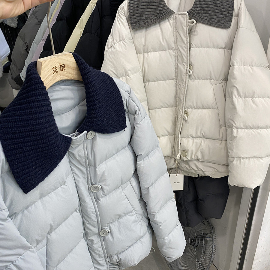 欧货针织翻领蓝色面包羽绒服冬新款2025小个子短款加厚白鸭绒外套