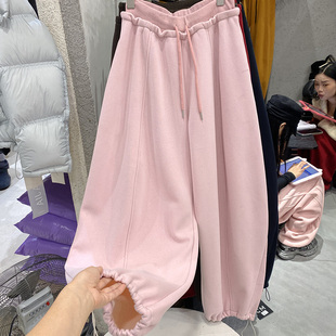 宽松显瘦百搭休闲裤 新款 粉色 女2025冬季 抽绳高腰阔腿加绒卫裤