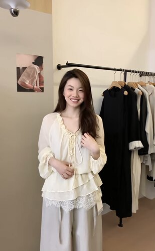四季青高级感法式温柔风木耳边V领衬衫女系带收腰蕾丝拼接长袖夏