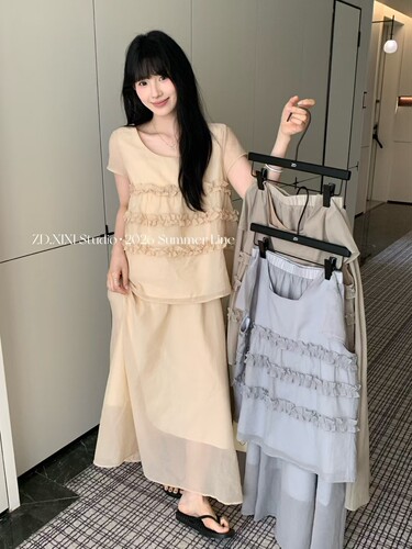 预2026夏季新韩版甜美风蕾丝花边系带短袖上衣+高腰半身裙两件套