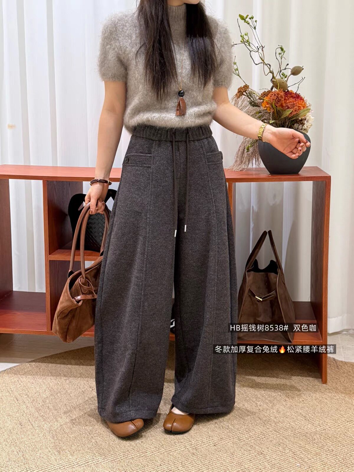 2026秋冬新款韩版宽松显瘦直筒裤女阔腿加绒加厚松紧腰毛呢休闲裤