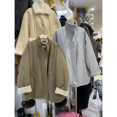 韩立领休闲羊羔毛皮拼接羽绒服
