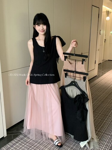 韩系百搭黑色无袖背心2026夏季新款减龄粉色半身裙女两件套chic潮